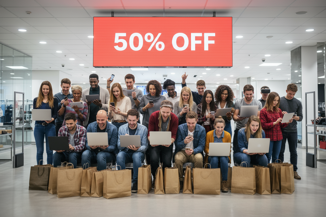 Realistic reality picture of humans fighting deals. 50% off on a online store.